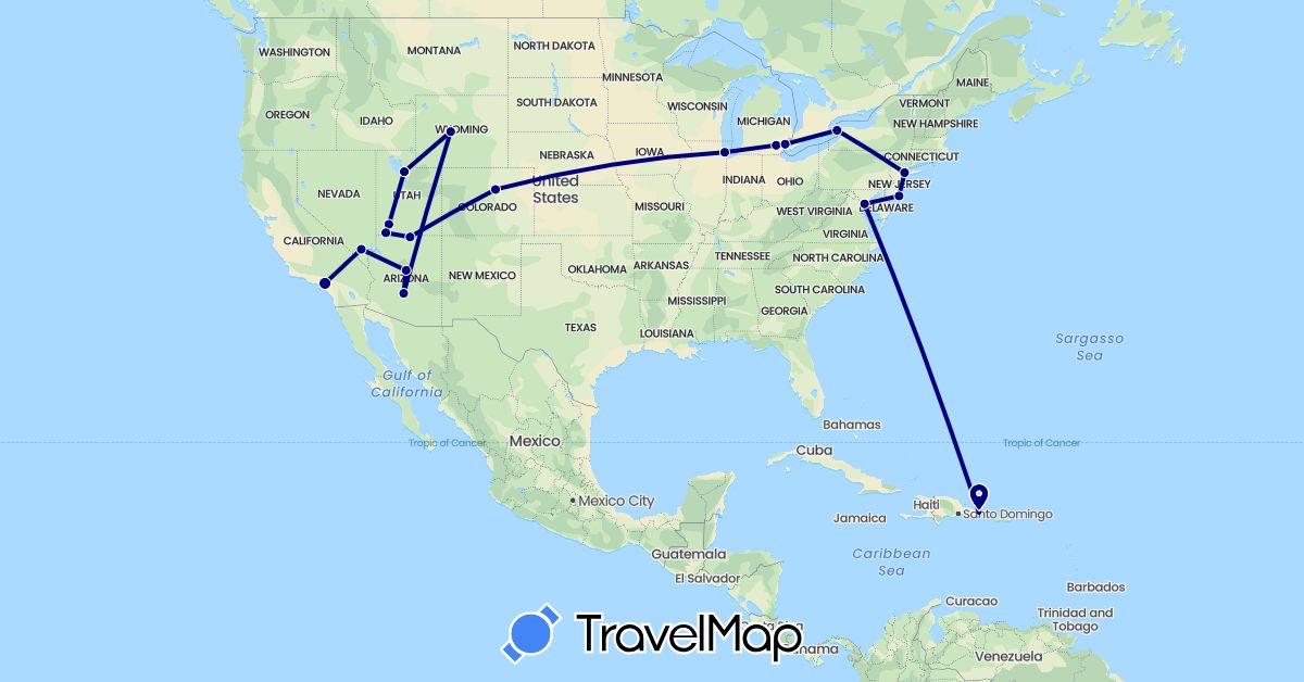 TravelMap itinerary: driving in Canada, Dominican Republic, United States (North America)